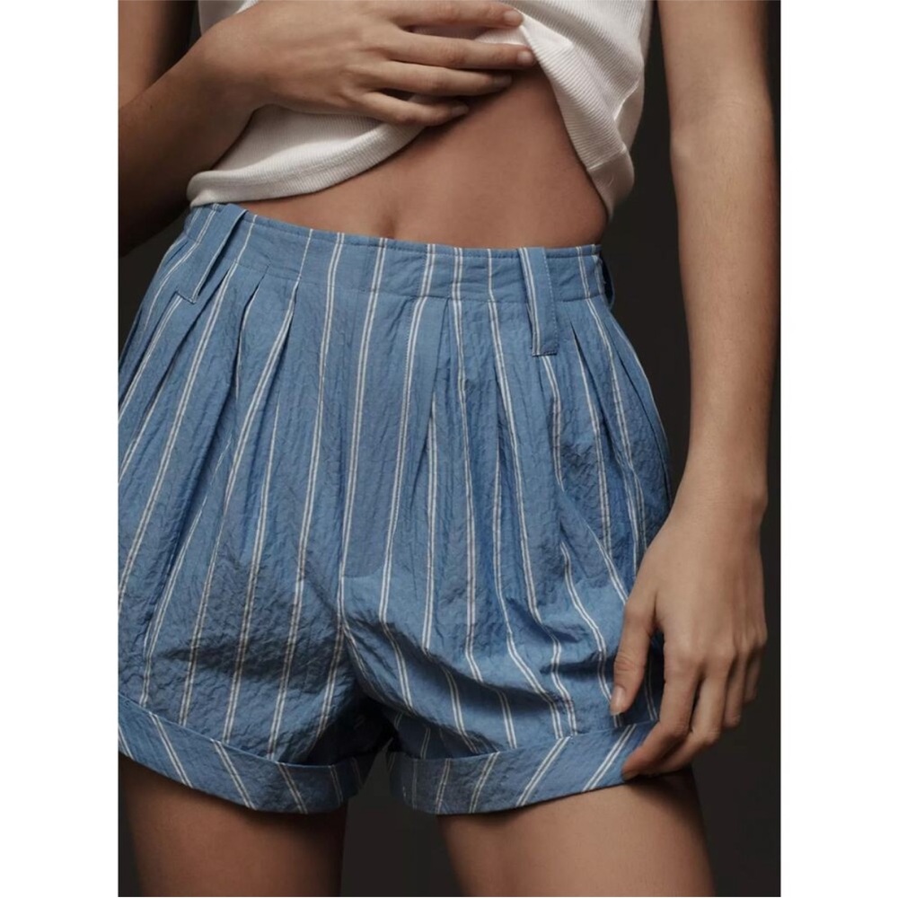 Anthropologie Blue Striped High-Waist Pleated Shorts